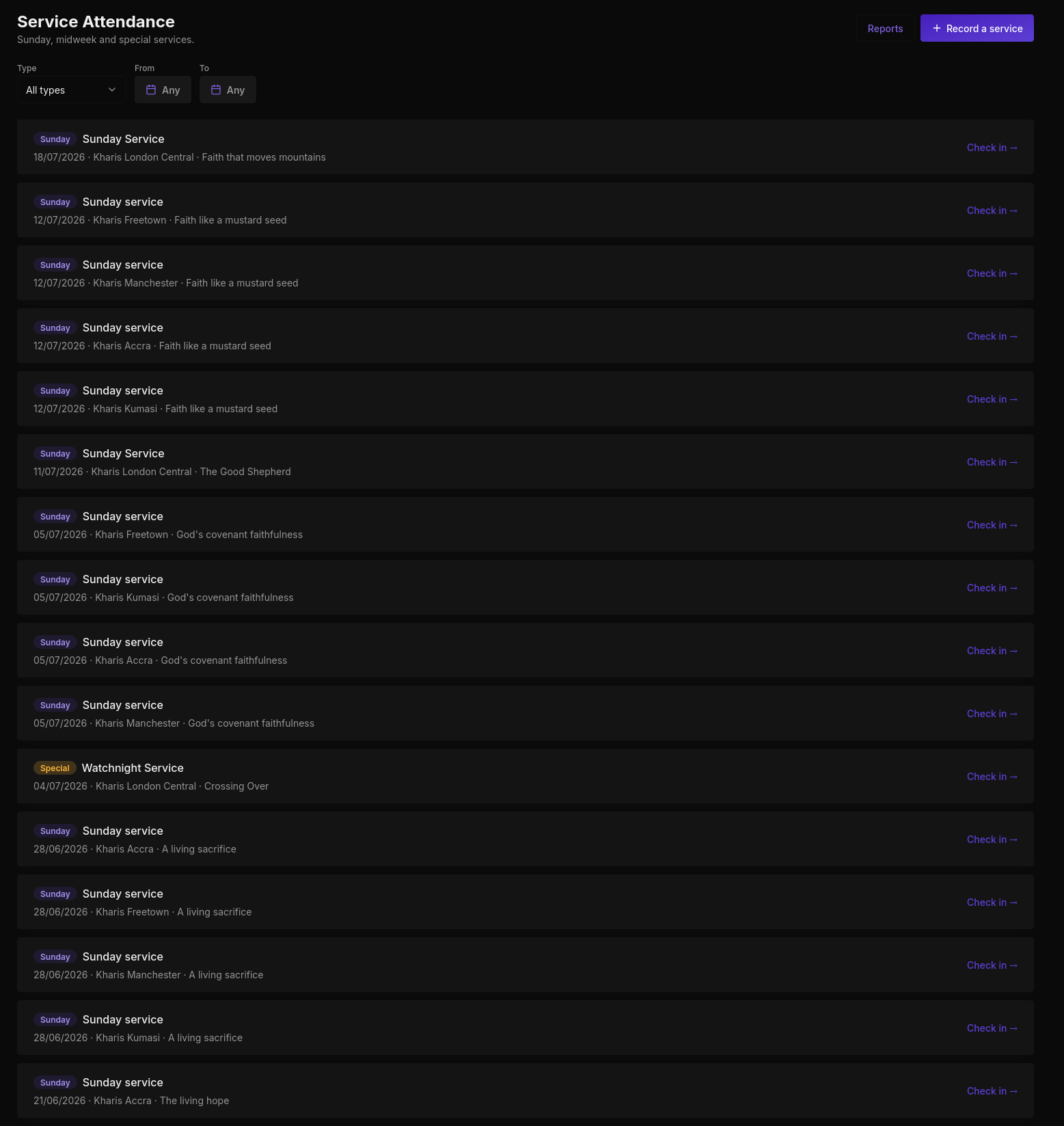 Service Attendance page in dark mode showing Sunday services with Check In links