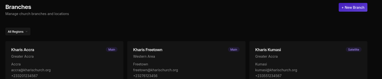 Branches page in dark mode showing all church locations