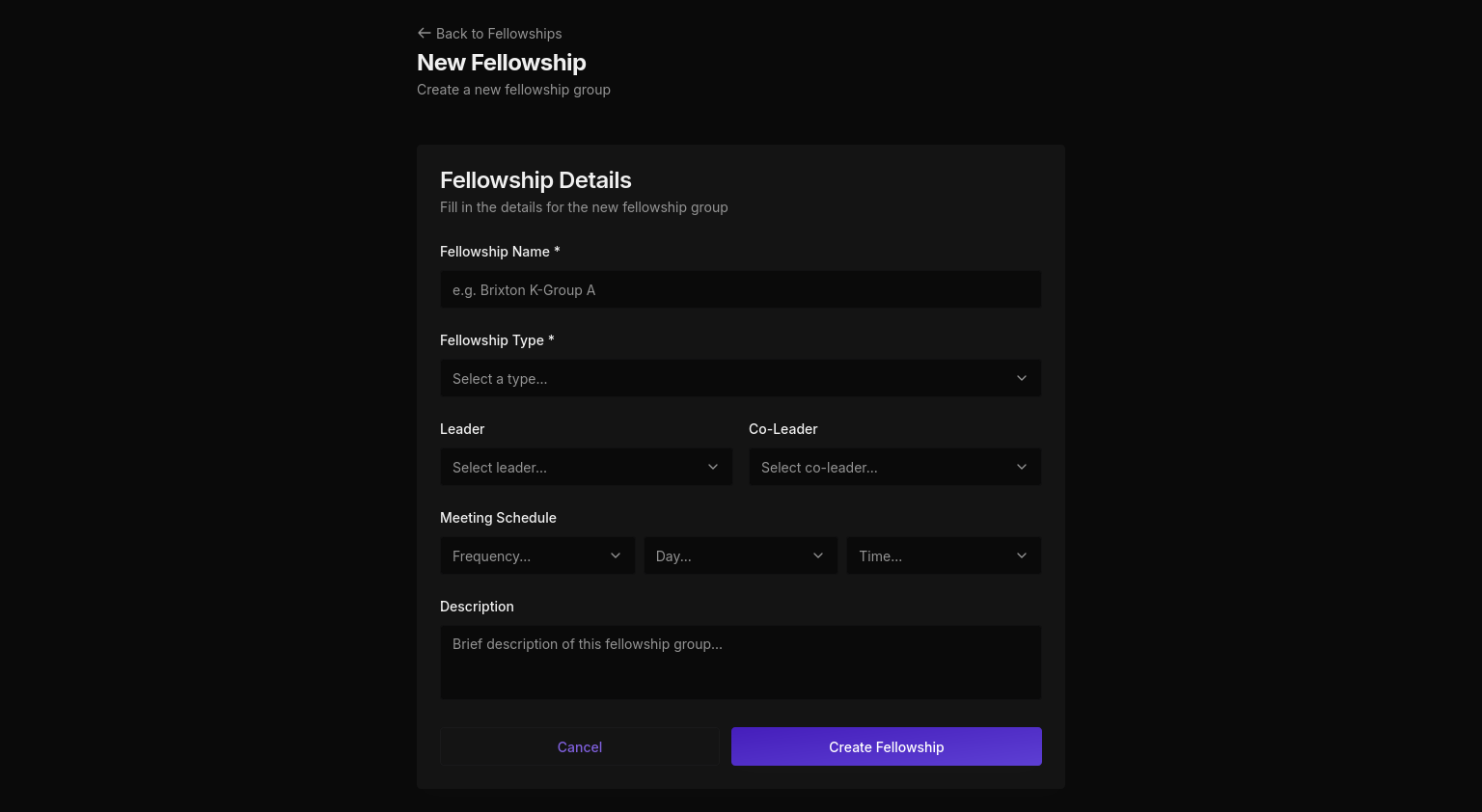 New Fellowship creation form in dark mode
