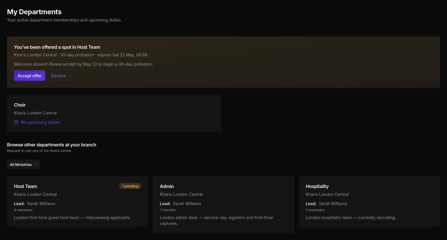 Departments page in dark mode showing ministry team cards