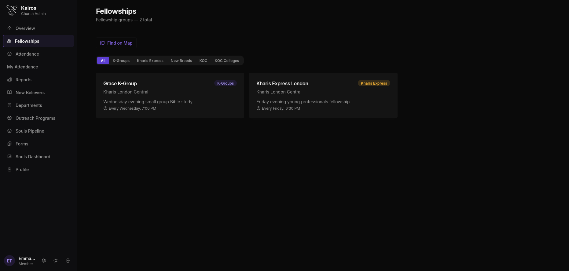 Fellowships page in dark mode showing fellowship cards with type badges and meeting schedules