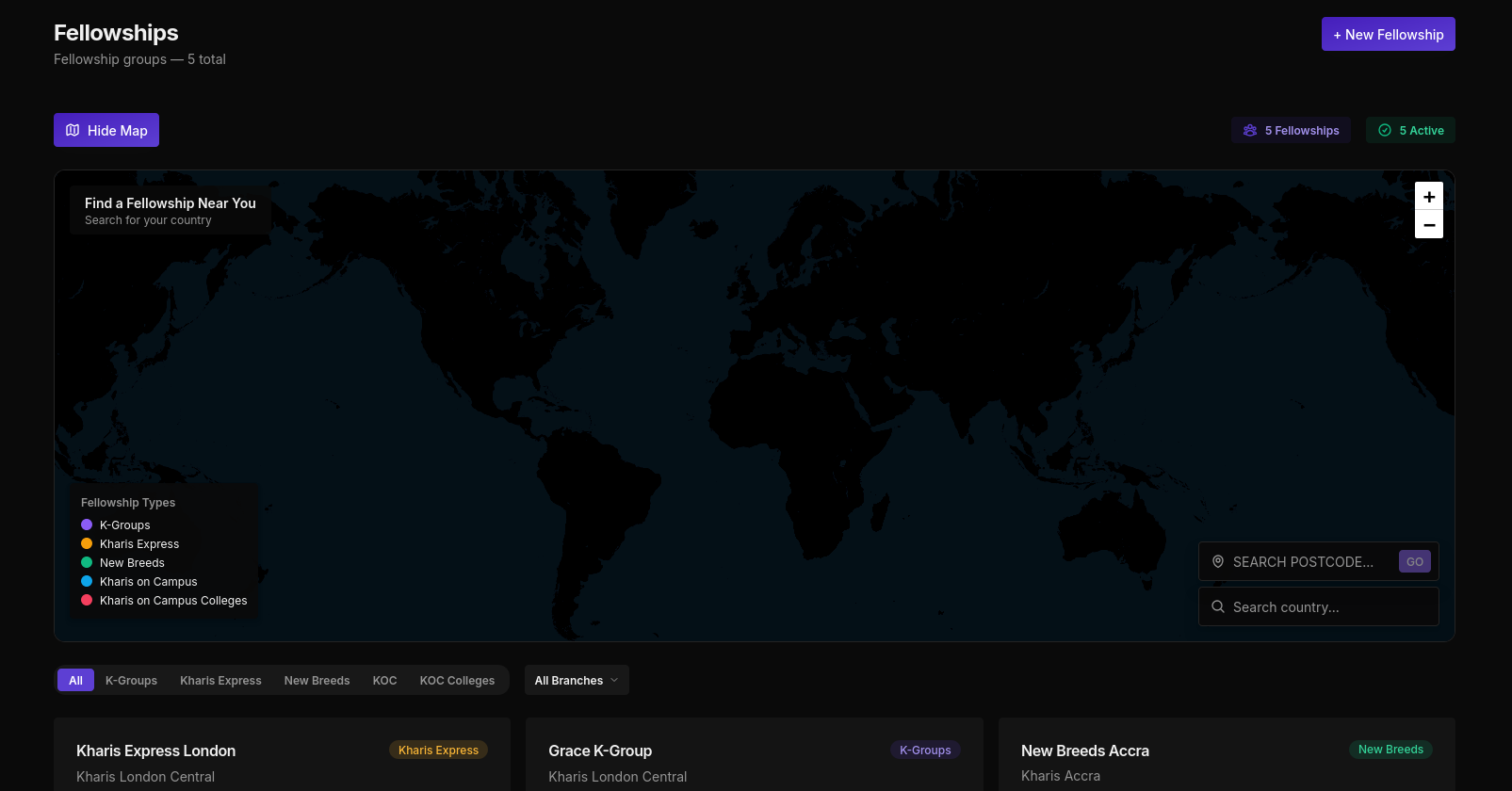 Fellowships map view in dark mode