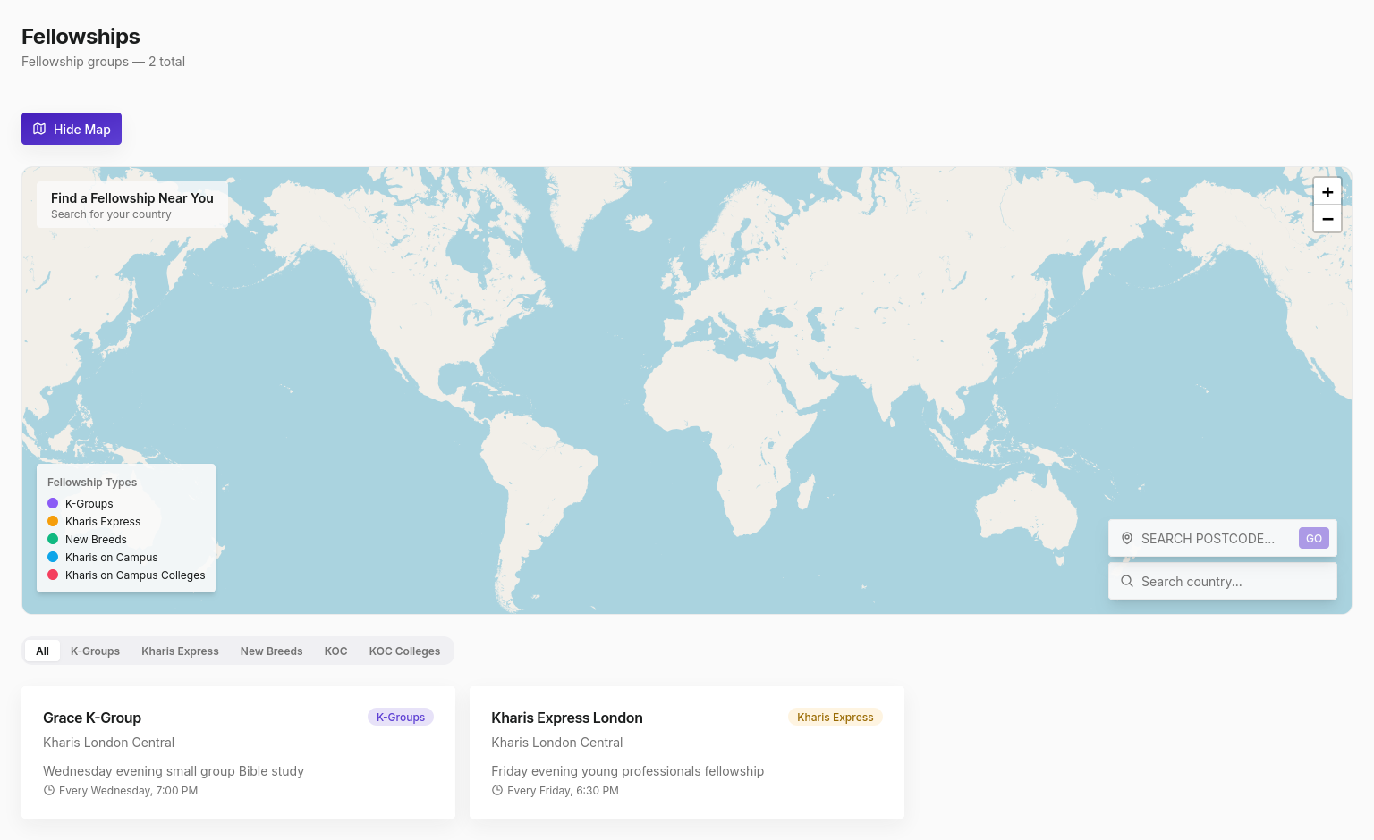 Fellowships map view showing fellowship markers across the world