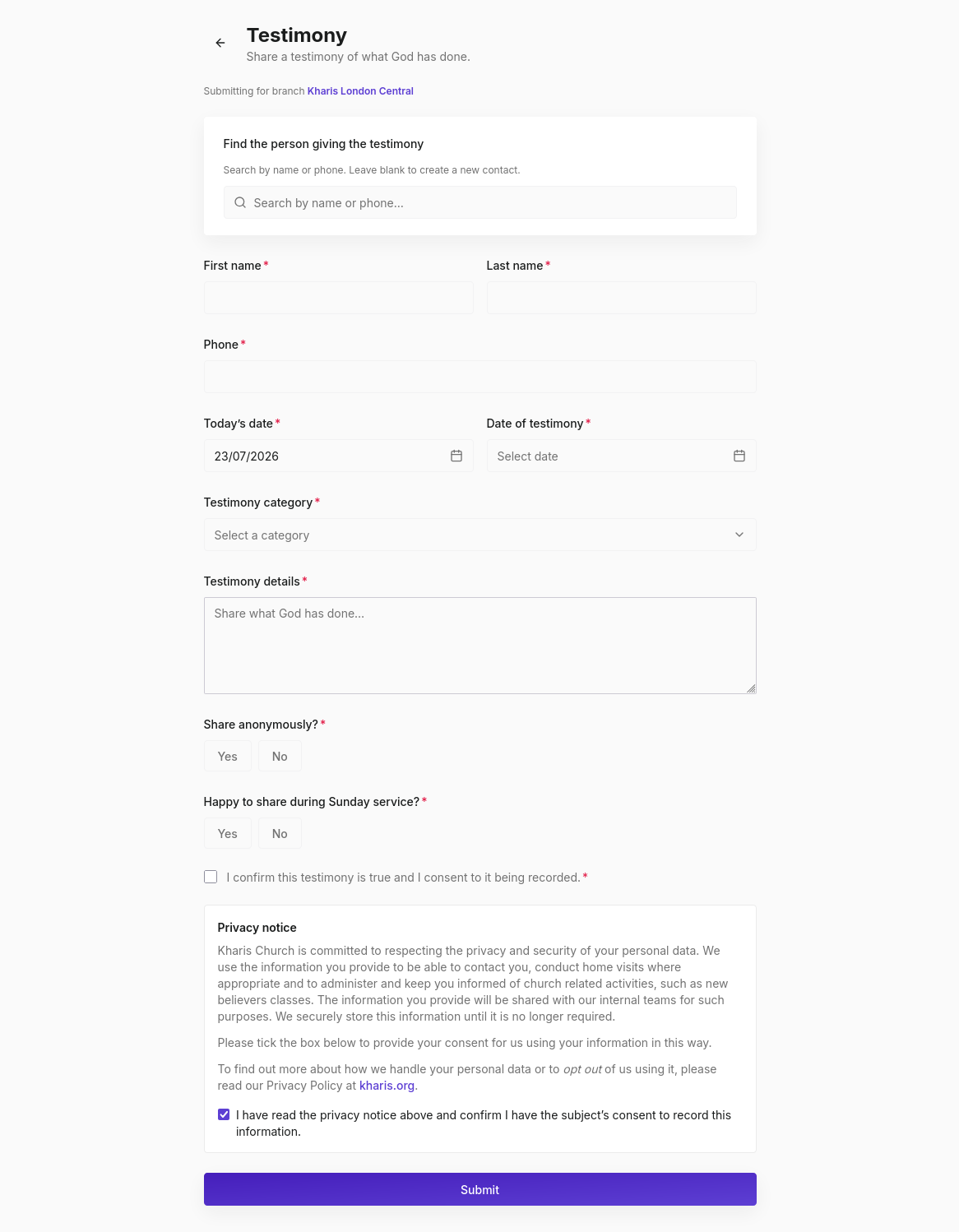 Form Submissions page with filters for form type, status, date range, and Export CSV button