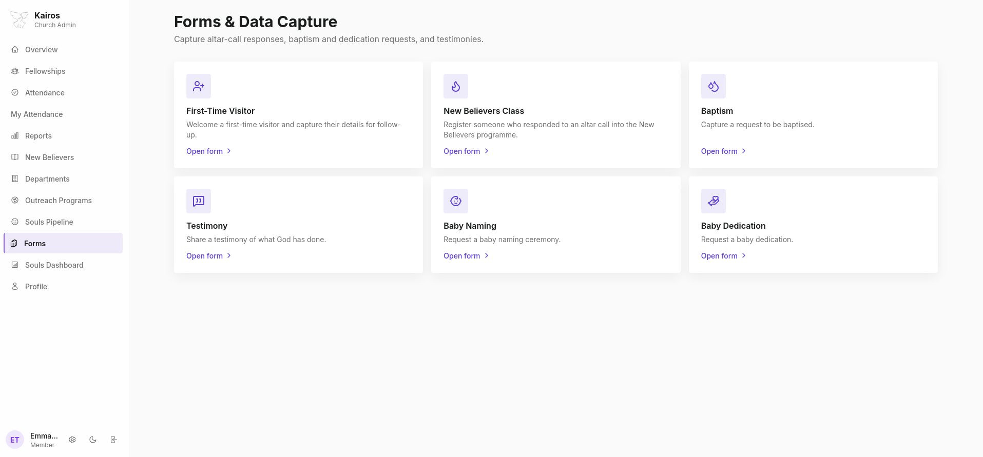 Forms and Data Capture page showing six form type cards with Open form links