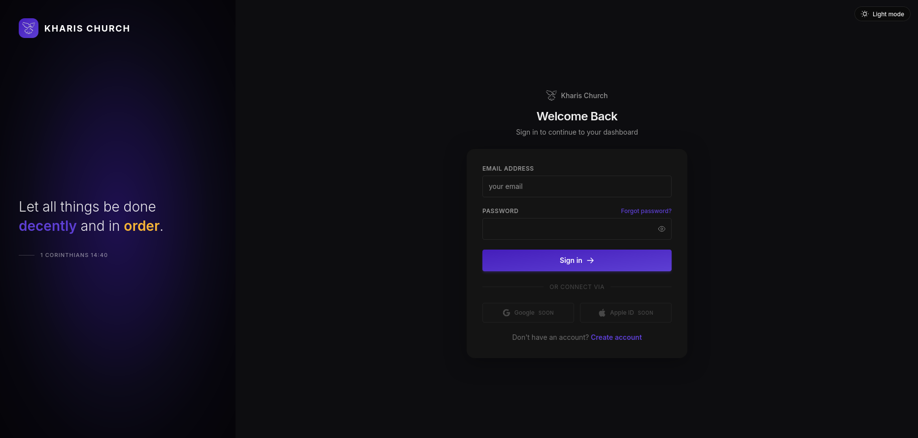 Kairos login screen with Kharis Church branding in dark mode
