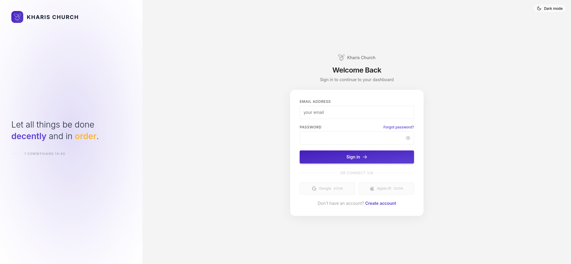 Kairos login screen with Kharis Church branding