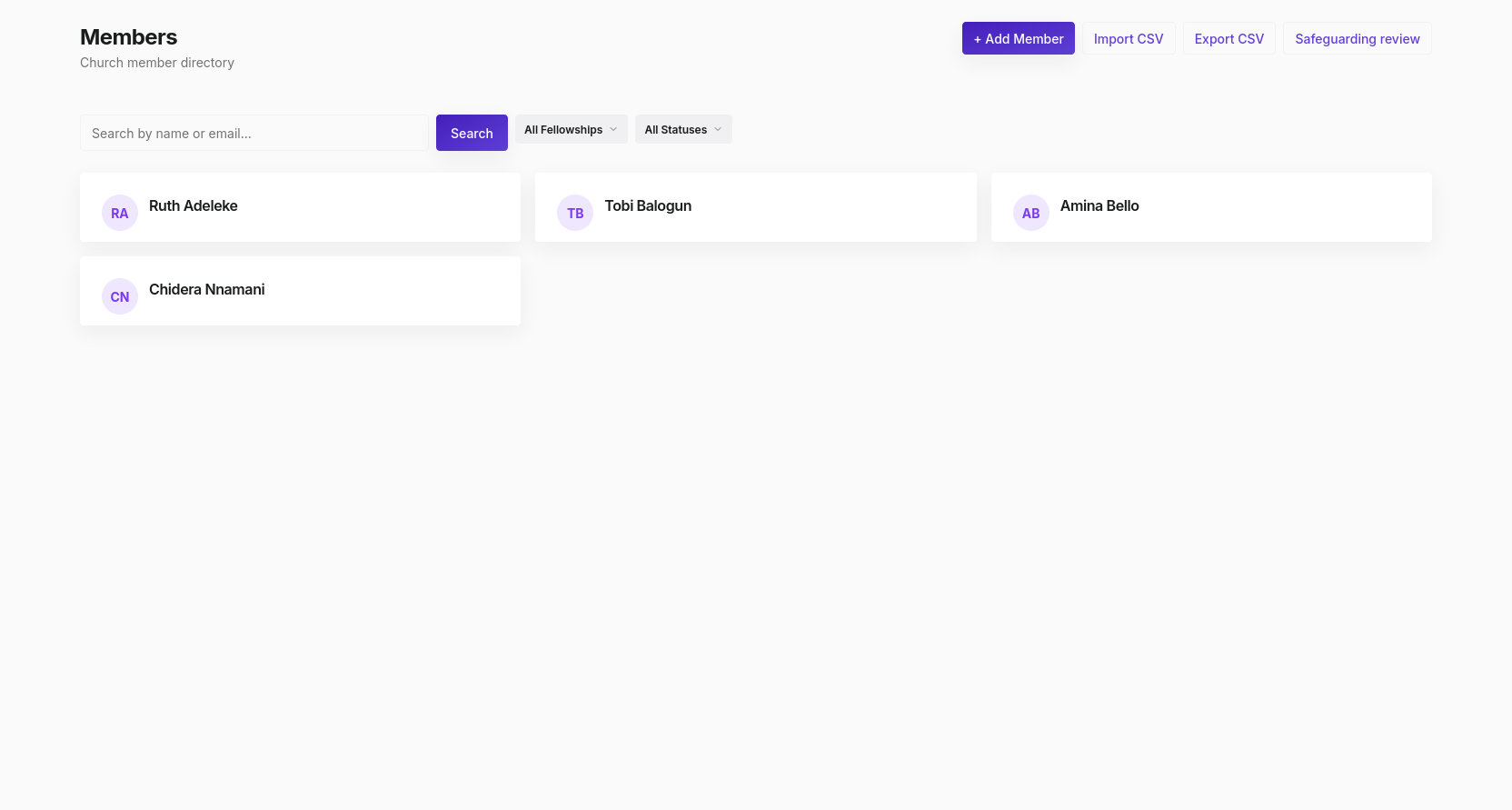 Members page showing member cards with approval status, contact info, and Deactivate buttons