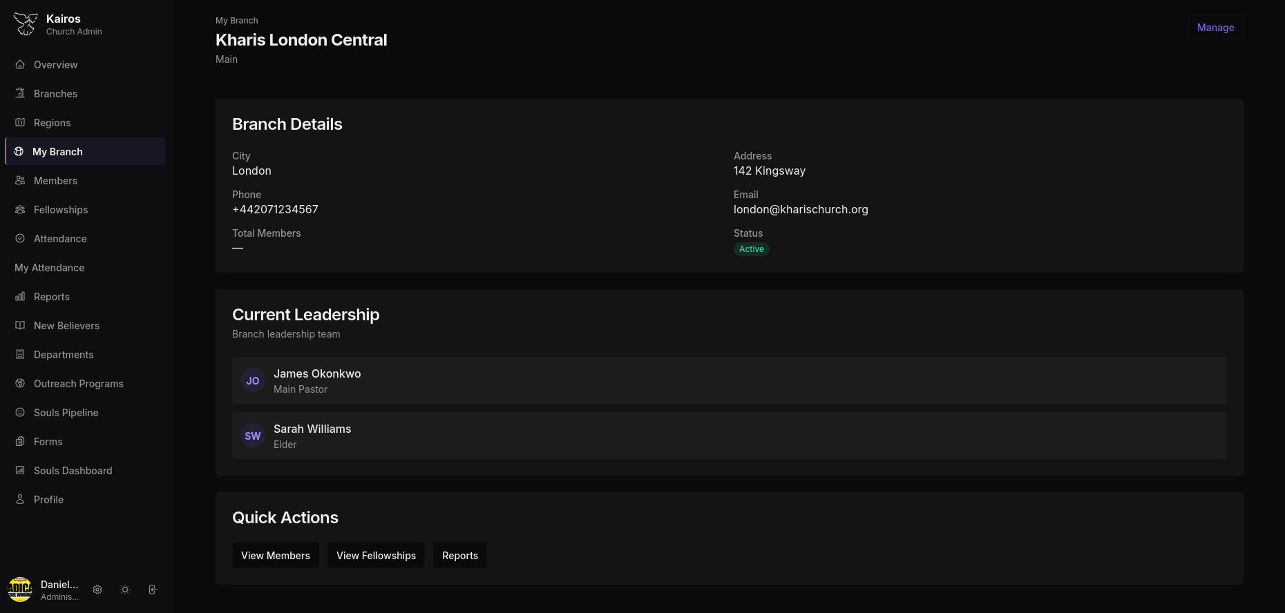 My Branch page in dark mode showing branch details, current leadership, and quick actions