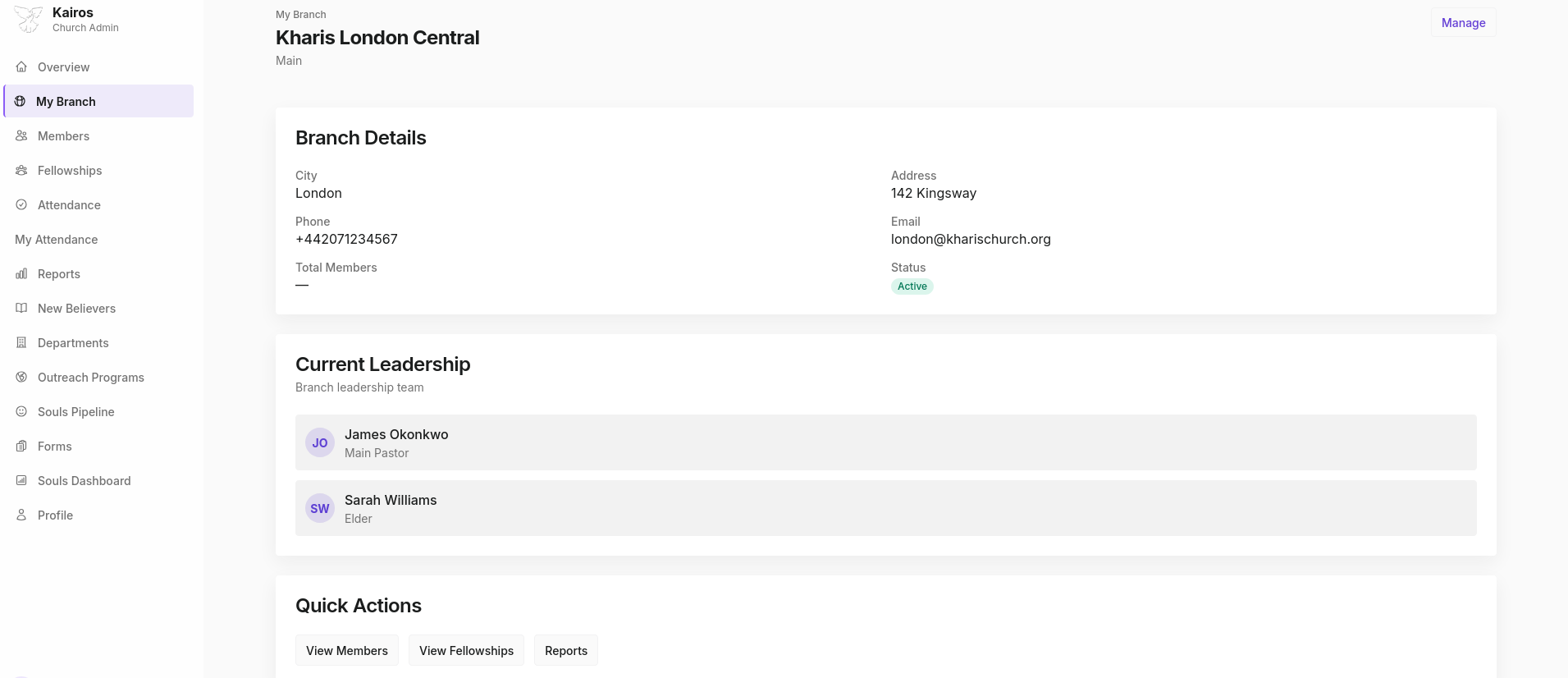 My Branch page showing branch details, current leadership, and quick actions