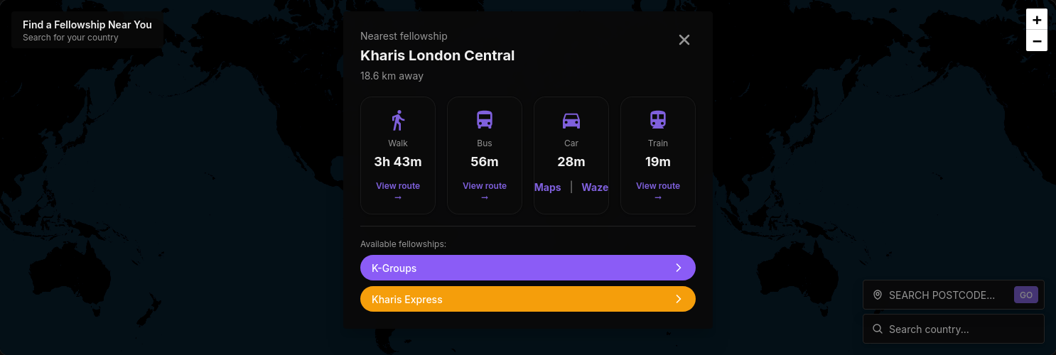 Nearest fellowship result showing distance and travel time options in dark mode