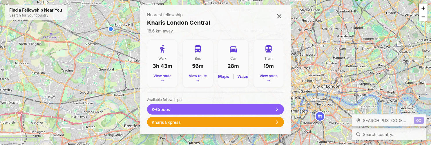 Nearest fellowship result showing distance and travel time options