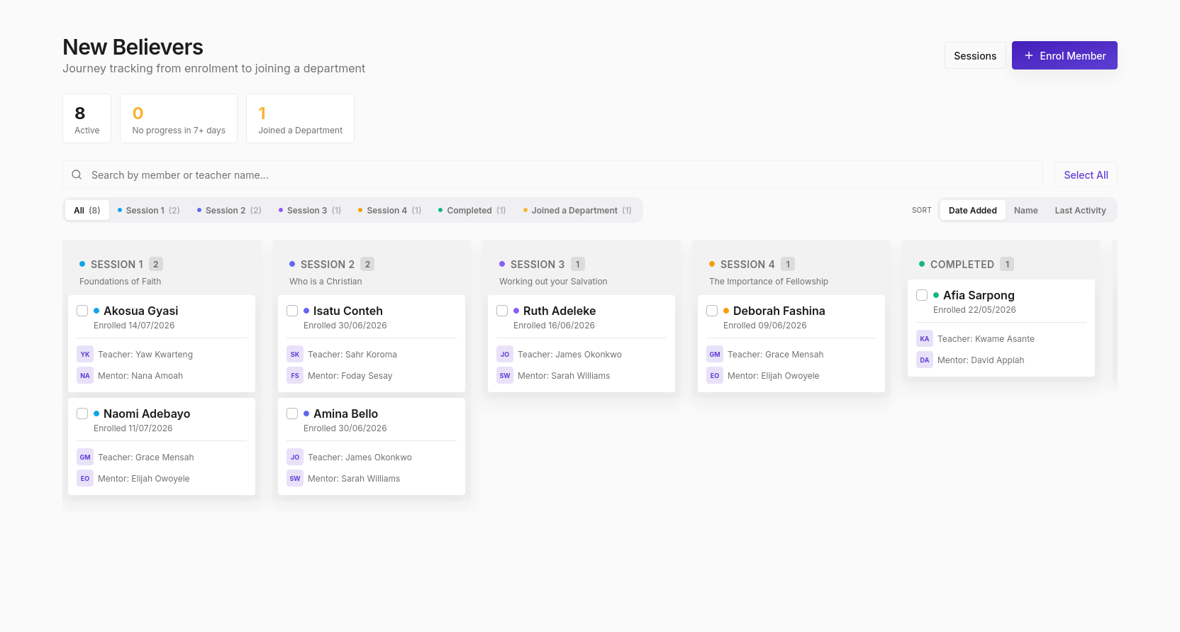 New Believers page showing Kanban board with Session 1 through Completed columns