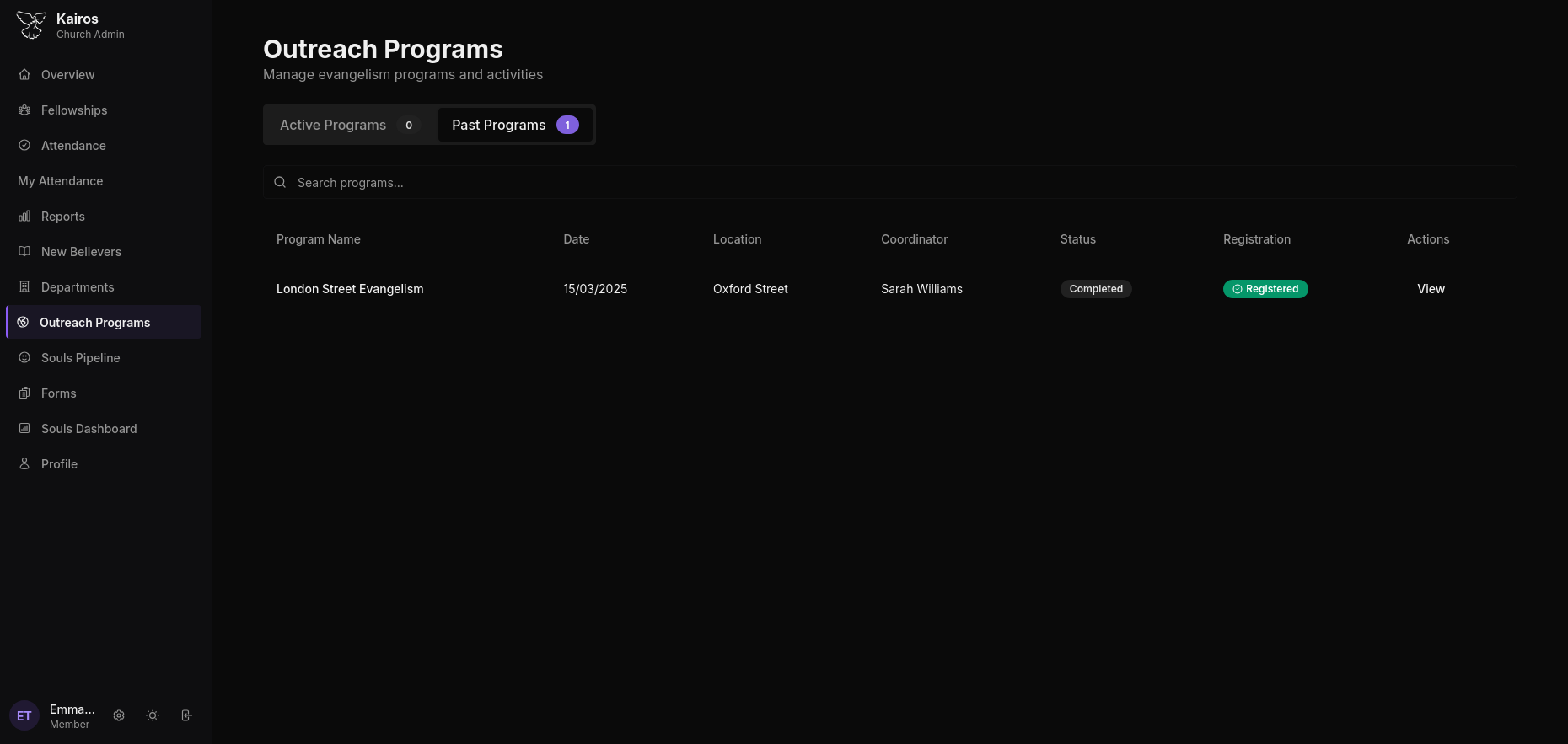 Outreach Programs page in dark mode showing Active Programs and Past Programs tabs