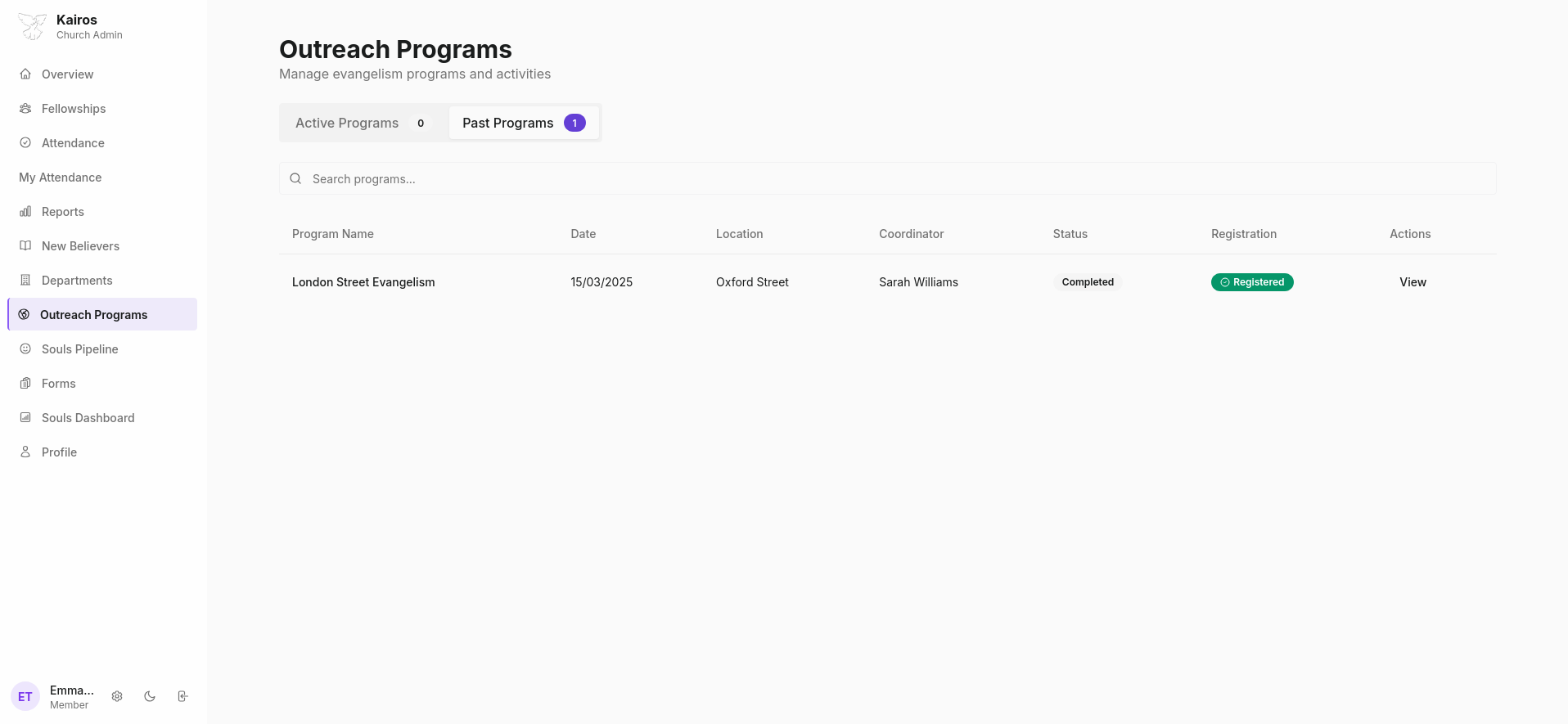 Outreach Programs page showing Active Programs and Past Programs tabs with program table