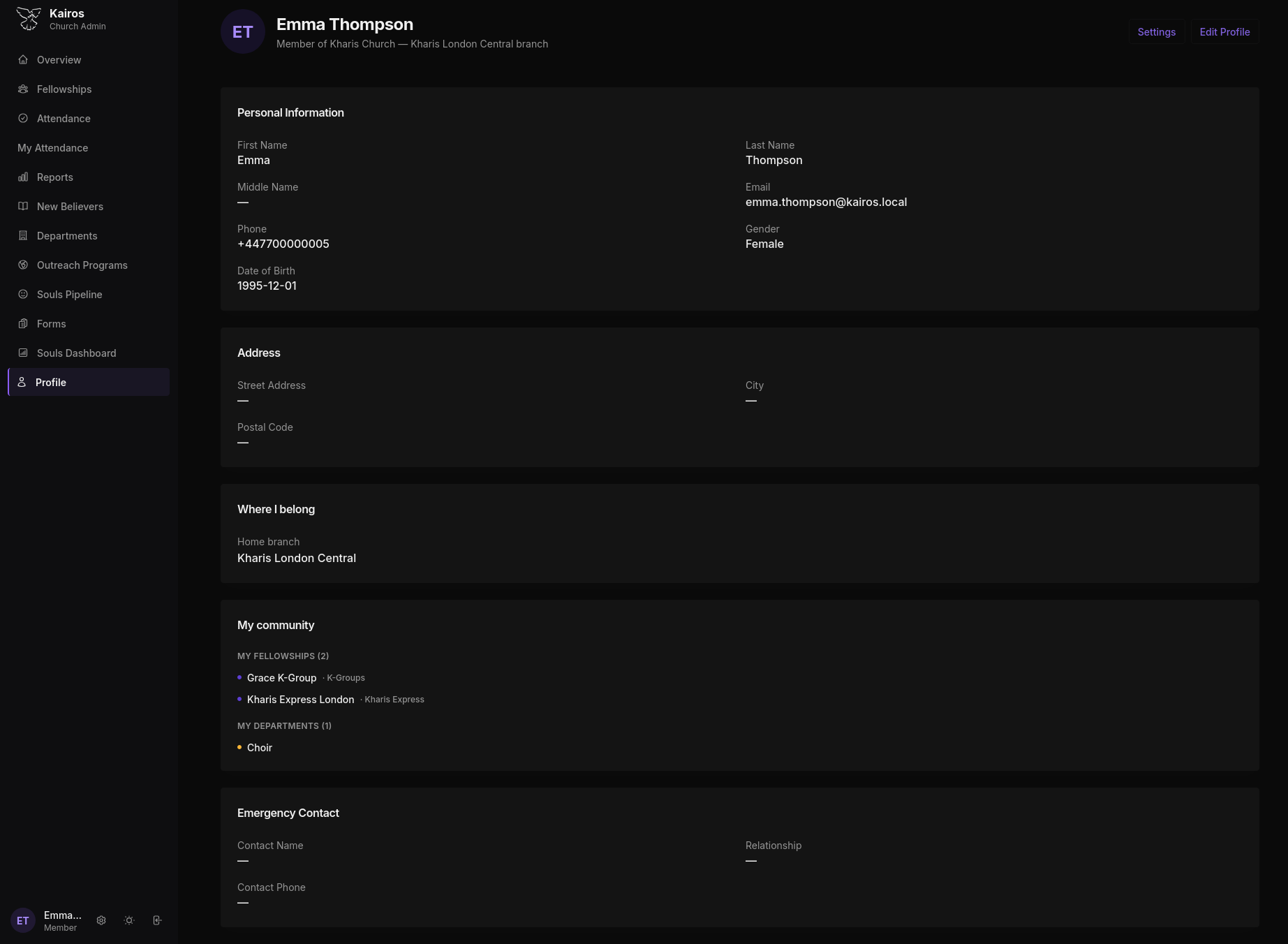 Profile page in dark mode showing personal information and community membership
