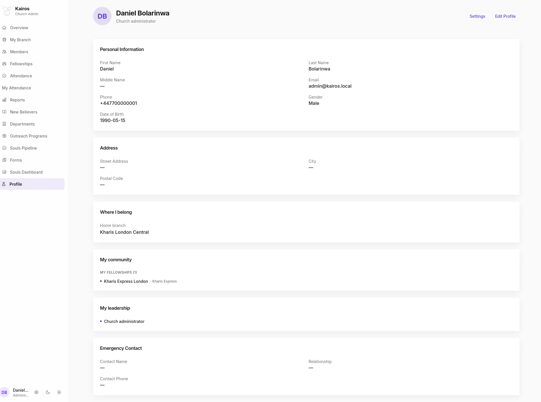Profile page showing personal information, address, home branch, fellowships, leadership, and emergency contact