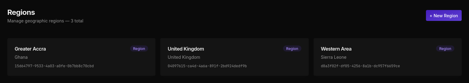 Regions page in dark mode showing Greater Accra, United Kingdom, and Western Area