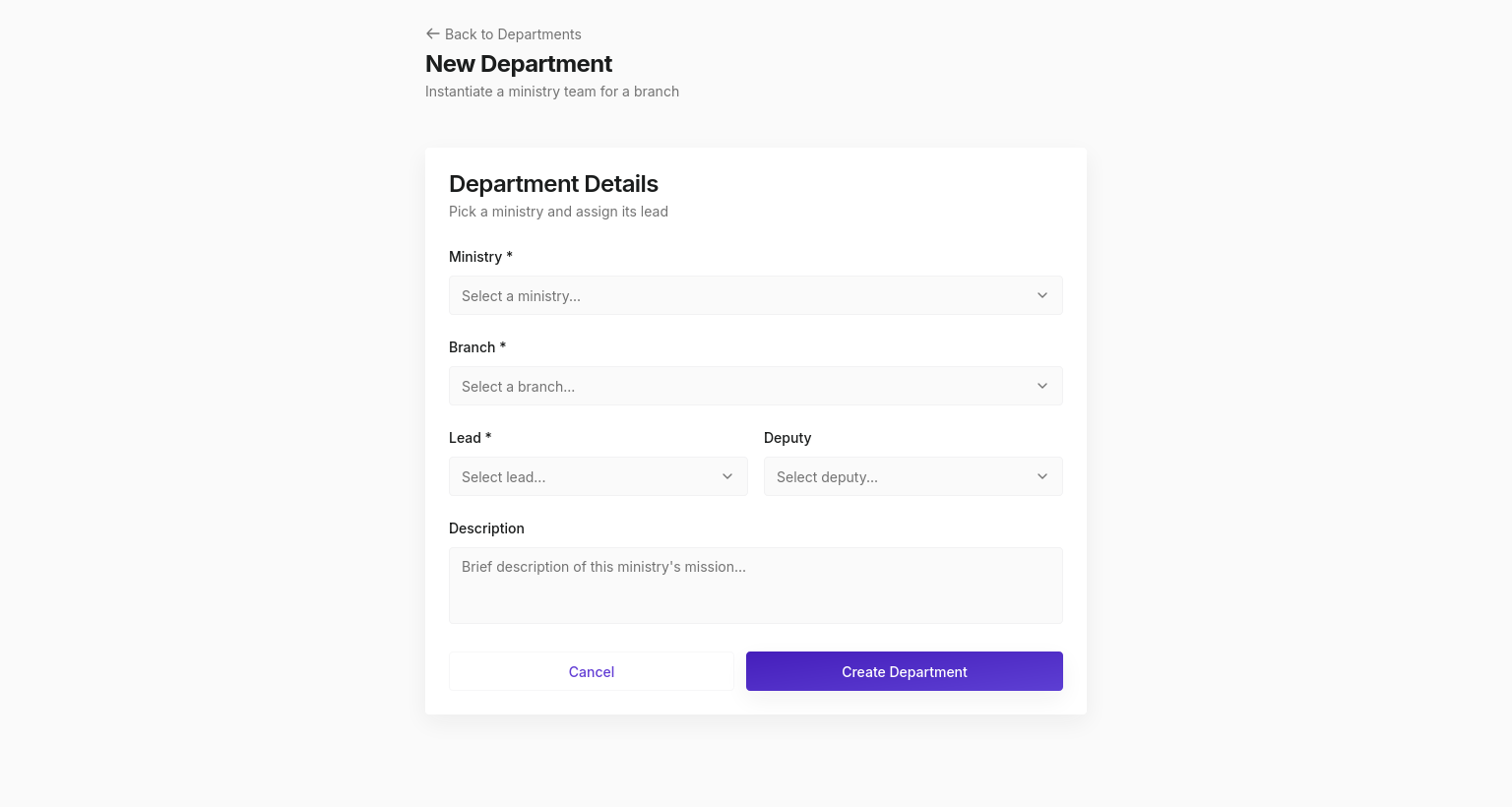 New Department setup form