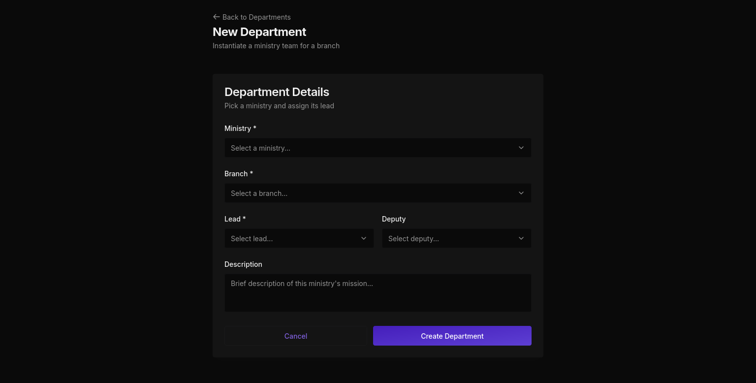 New Department setup form in dark mode