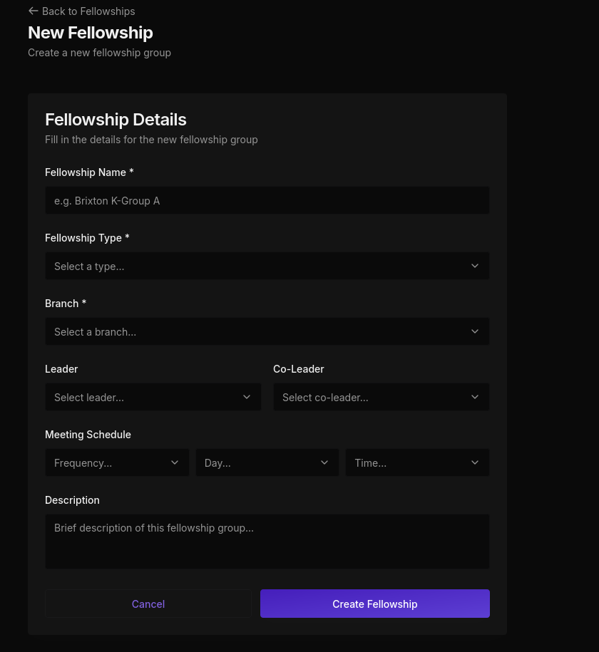 New Fellowship setup form in dark mode