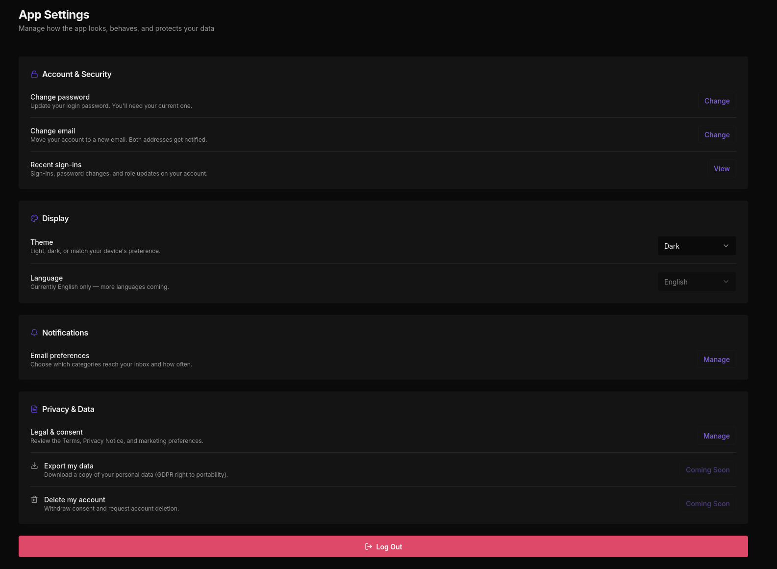 App Settings page in dark mode