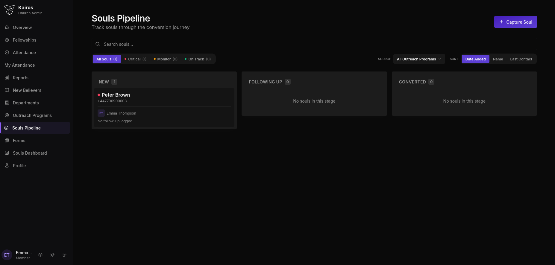 Souls Pipeline in dark mode showing Kanban columns for New, Following Up, and Converted