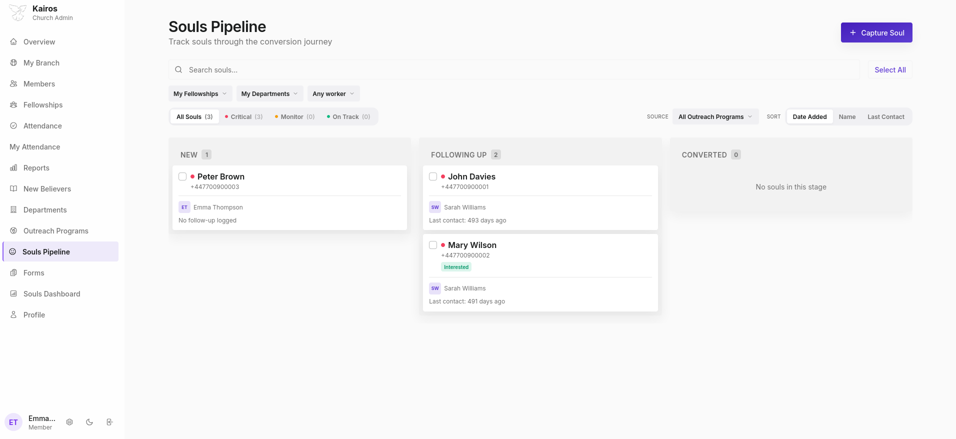 Souls Pipeline showing Kanban columns for New, Following Up, and Converted with soul cards